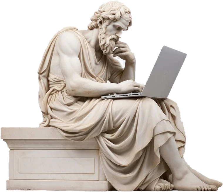 Marble statue thinking over a laptop